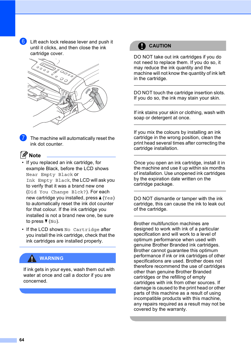 Warning, Caution | Brother DCP-157C User Manual | Page 72 / 99