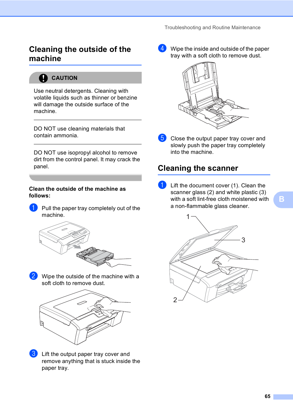 Cleaning the outside of the machine, Cleaning the scanner, Bcleaning the outside of the machine | Brother DCP-157C User Manual | Page 73 / 99