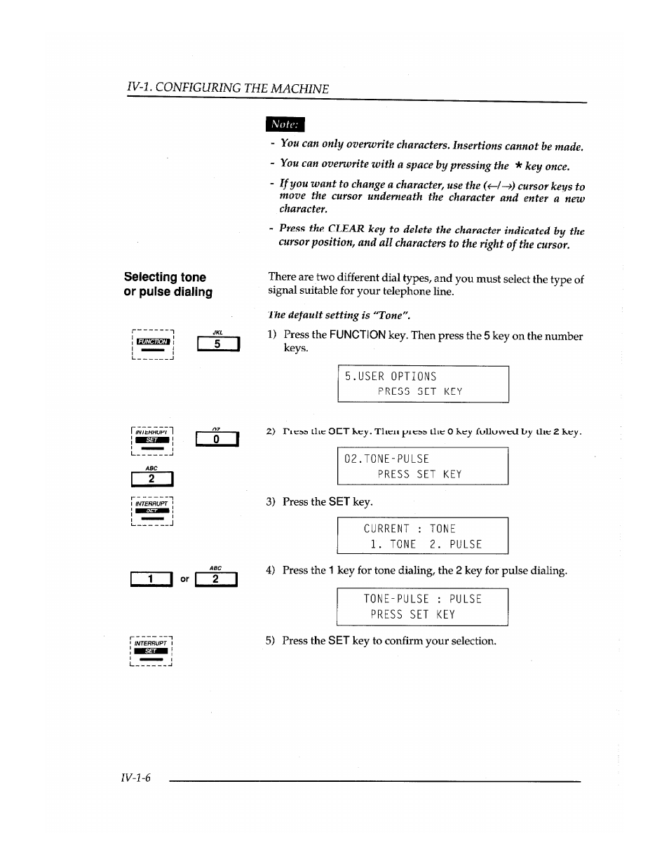 Selecting tone or pulse dialing, Ma^mm, User options | Tone-pulse press set key, Current : tone 1. tone 2. pulse, Tone-pulse : pulse press set key | Brother INSTAFAX FAX2100M User Manual | Page 60 / 172