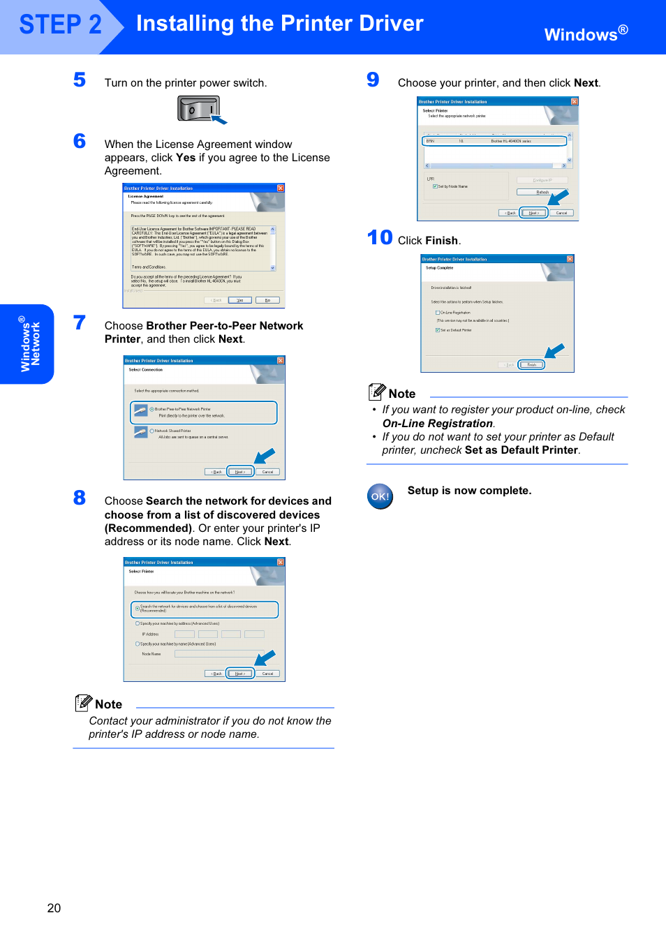 Step 2, Installing the printer driver, Windows | Brother HL-4040CDN User Manual | Page 22 / 35