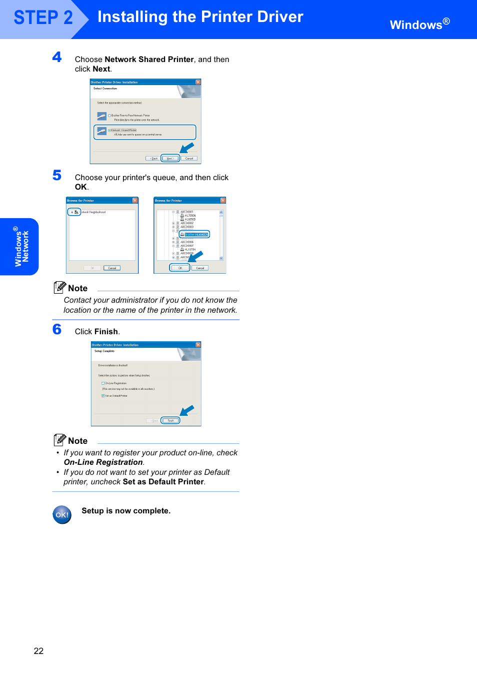 Step 2, Installing the printer driver, Windows | Brother HL-4040CDN User Manual | Page 24 / 35