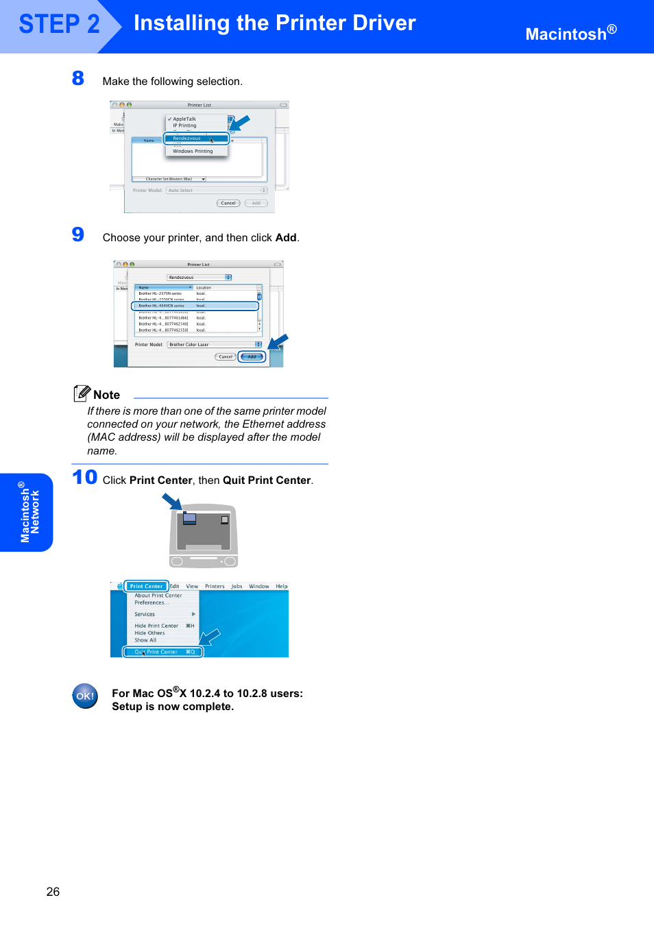 Step 2, Installing the printer driver, Macintosh | Brother HL-4040CDN User Manual | Page 28 / 35