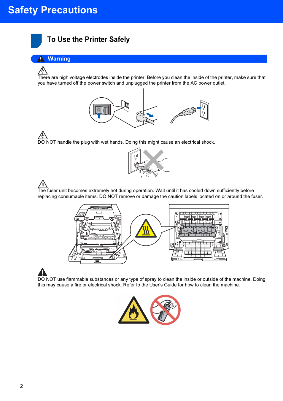 Safety precautions, To use the printer safely, Warning | Brother HL-4040CDN User Manual | Page 4 / 35