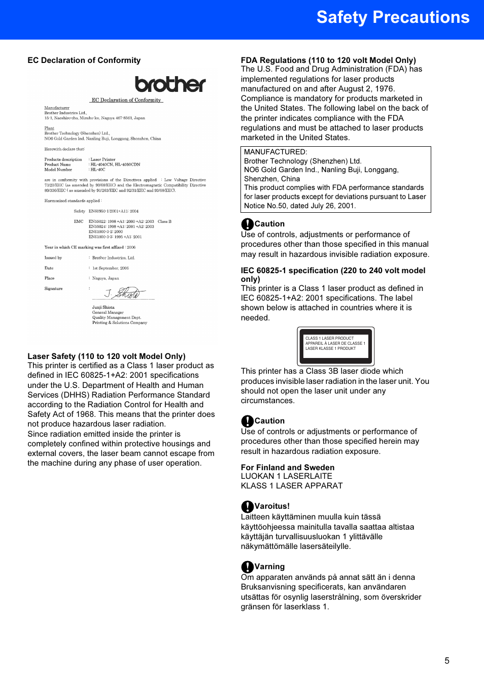 Safety precautions | Brother HL-4040CDN User Manual | Page 7 / 35