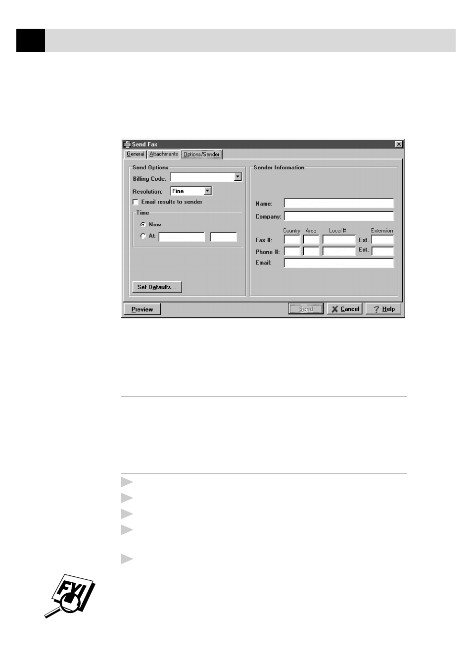 Options/sender tab, Sending a fax from other windows® applications, If you are using windows® 95, 98 | Sending a fax from other windows, Applications, If you are using windows | Brother FAX 3750 User Manual | Page 182 / 207