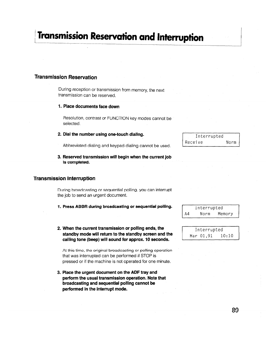 Transmission reservation and interruption, Transmission reservation, Transmission interruption | Brother FAX-2000P User Manual | Page 101 / 162