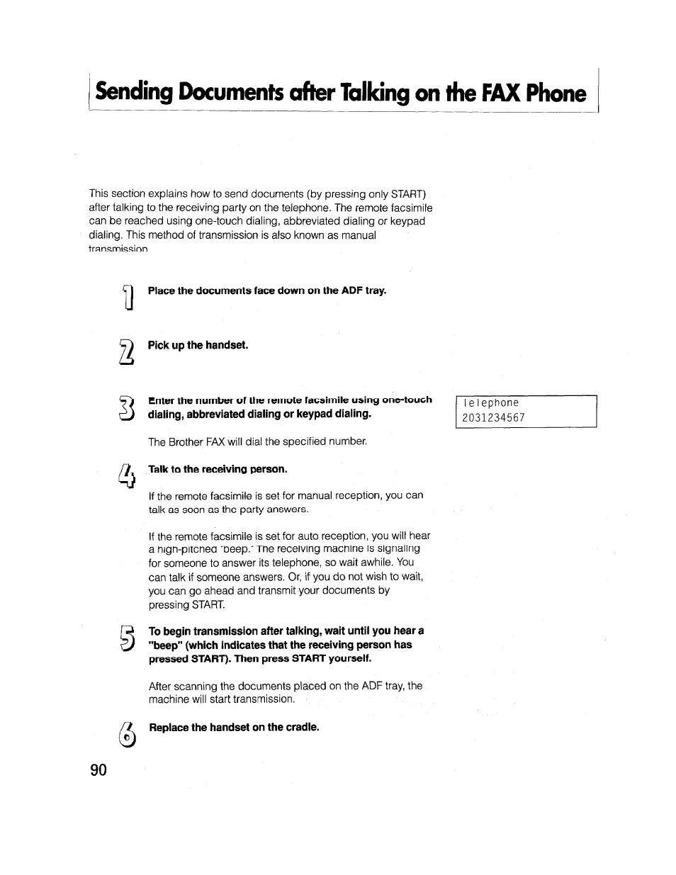 Sending documents after talking on the fax phone, Place the documents face down on the adf tray, Pick up the handset | Talk to the receiving person, Replace the handset on the cradle | Brother FAX-2000P User Manual | Page 102 / 162