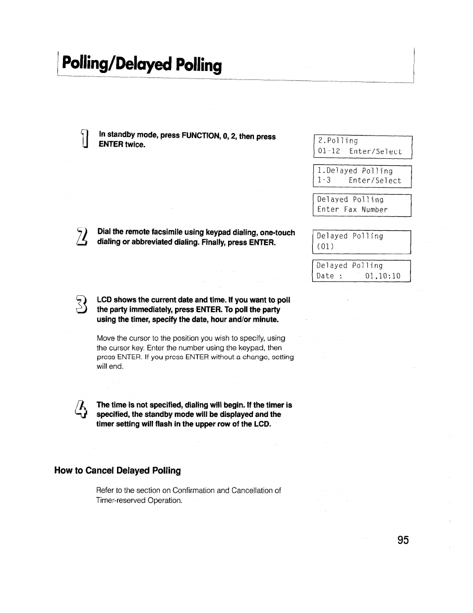 Polling/delayed polling, How to cancel delayed polling, How to canoe! delayed polling | Brother FAX-2000P User Manual | Page 107 / 162