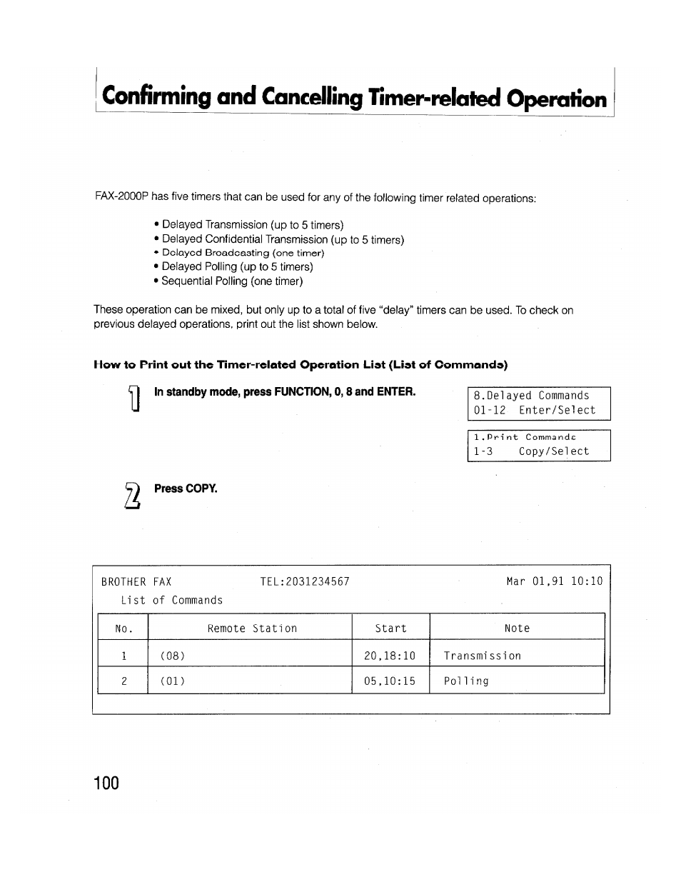 Confirming and cancelling hmer-relaled operation, Press copy | Brother FAX-2000P User Manual | Page 112 / 162