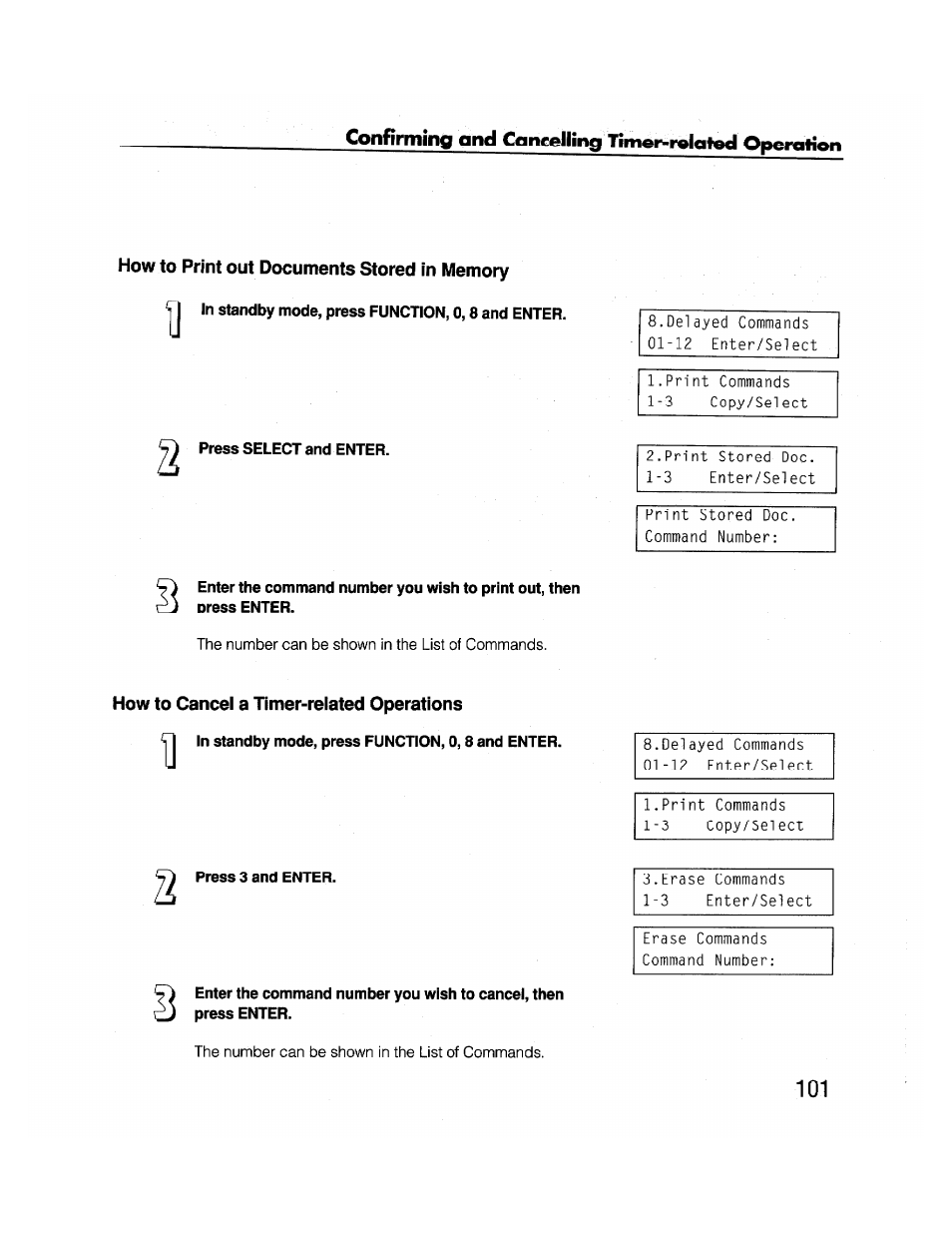 How to print out documents stored in memory, How to cancel a timer-related operations, How to cancel timer-related operations | Brother FAX-2000P User Manual | Page 113 / 162