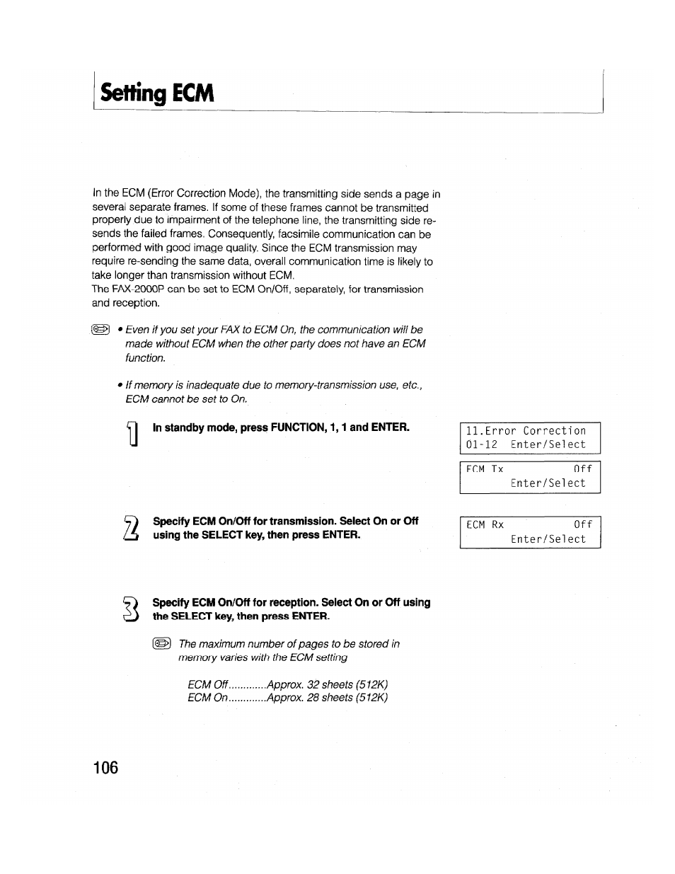 Setting ecm, In standby mode, press function, 1,1 and enter | Brother FAX-2000P User Manual | Page 118 / 162
