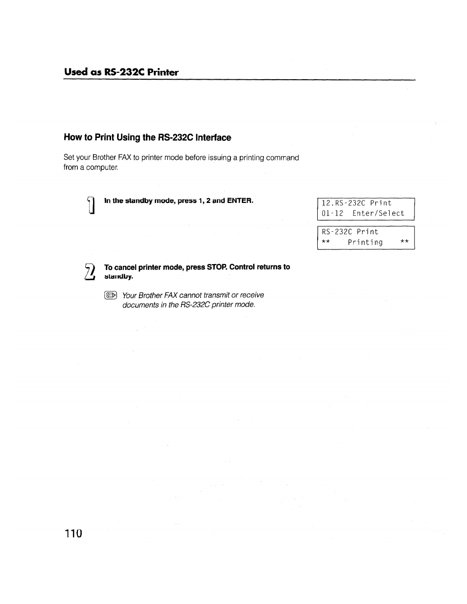 How to print using the rs-232c interface, The standby mode, press 1,2 and enter | Brother FAX-2000P User Manual | Page 122 / 162