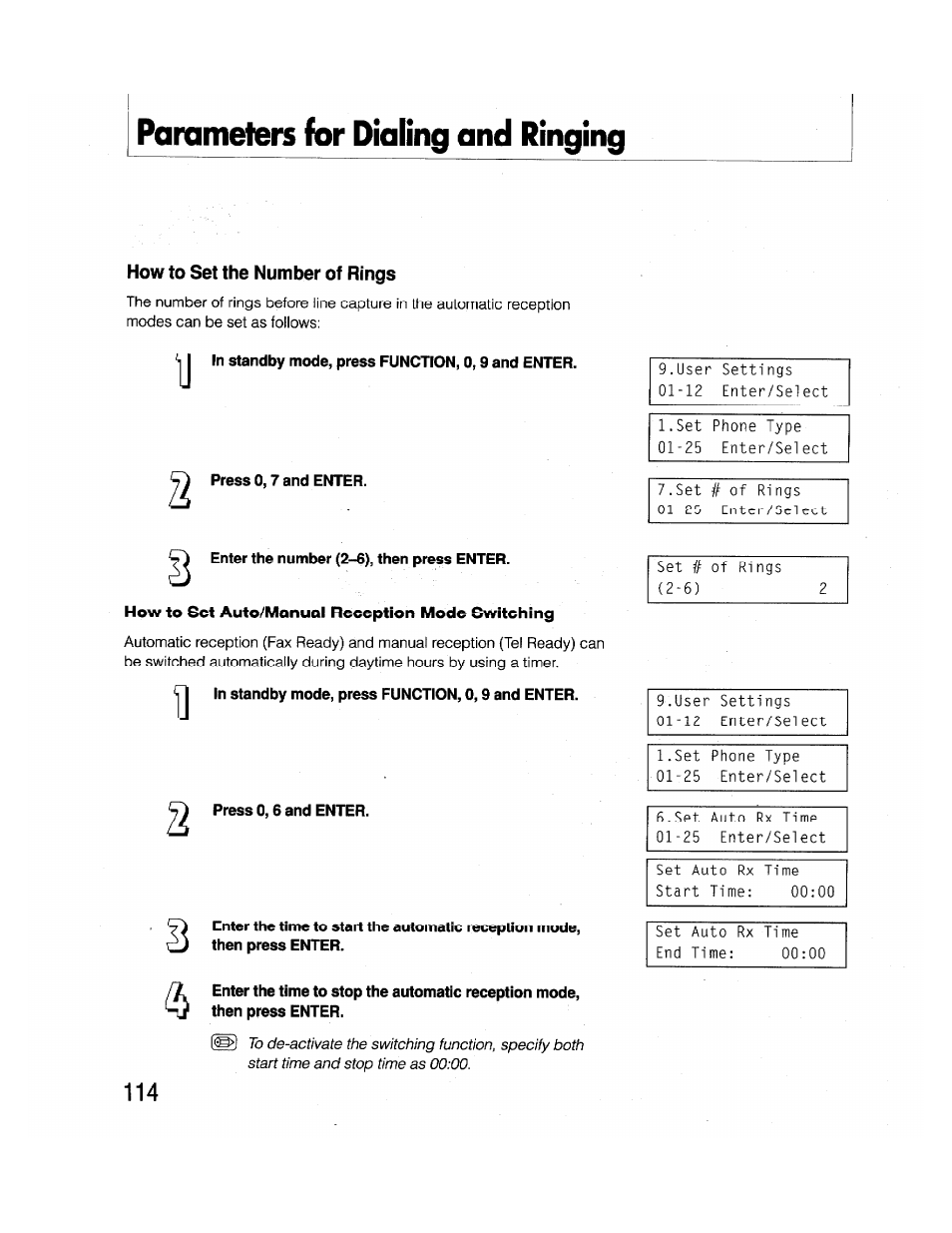 Parameters for dialing and ringing, How to set the number of rings, In standby mode, press function, 0,9 and enter | Press 0,7 and enter, Enter the number (2-6), then press enter, How to set auto/manual reception mode switching, Howto set the number of rings | Brother FAX-2000P User Manual | Page 126 / 162