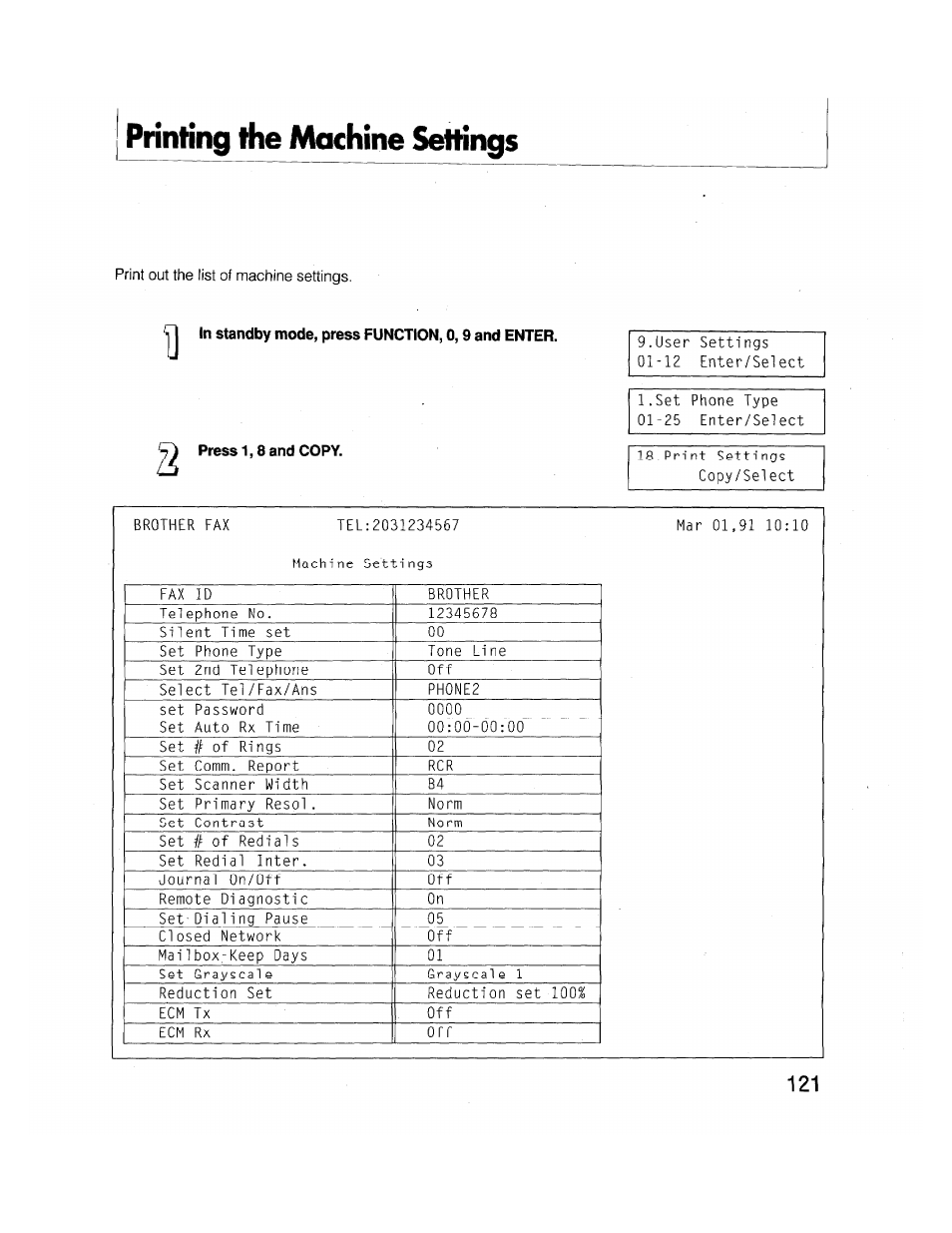 Printing the machine settings, Standby mode, press function, 0,9 and enter, Press 1,8 and copy | Brother FAX-2000P User Manual | Page 133 / 162