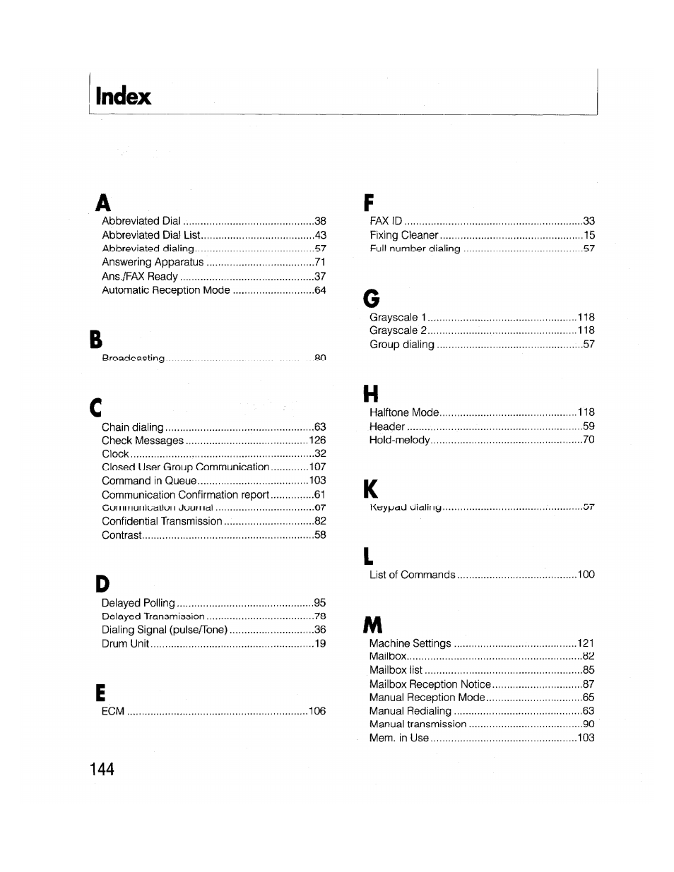 Index a | Brother FAX-2000P User Manual | Page 156 / 162