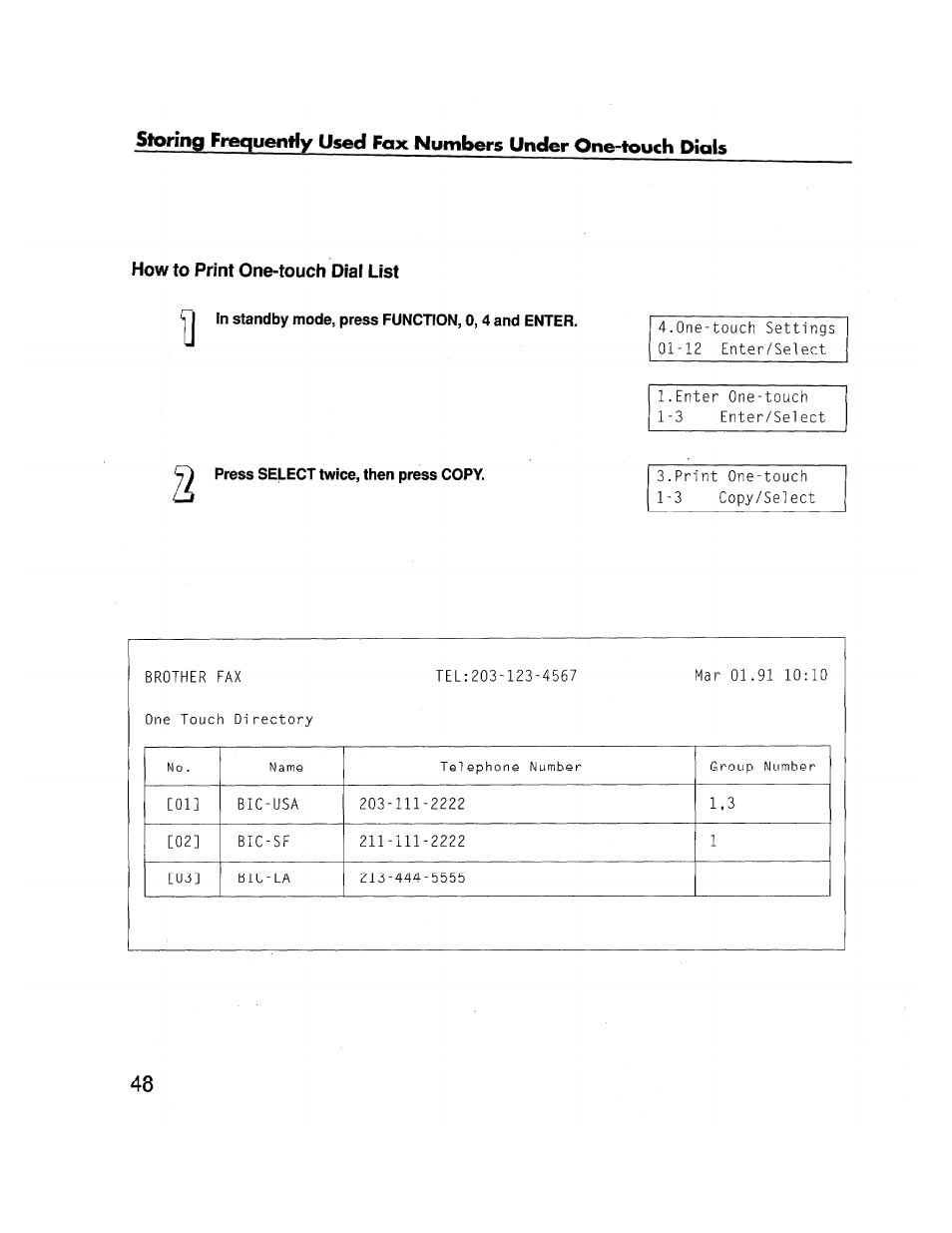 How to print one-touch dial list, Press select twice, then press copy | Brother FAX-2000P User Manual | Page 60 / 162