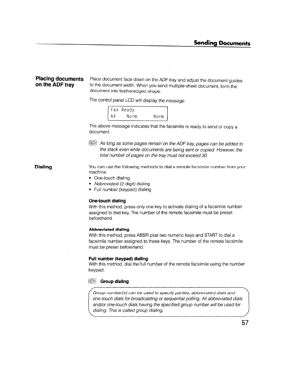 One-touch dialing, Full number (keypad) dialing, Group dialing | Brother FAX-2000P User Manual | Page 69 / 162