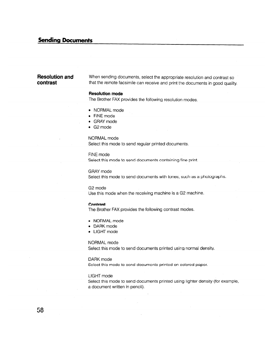 Resolution mode, Contrast | Brother FAX-2000P User Manual | Page 70 / 162