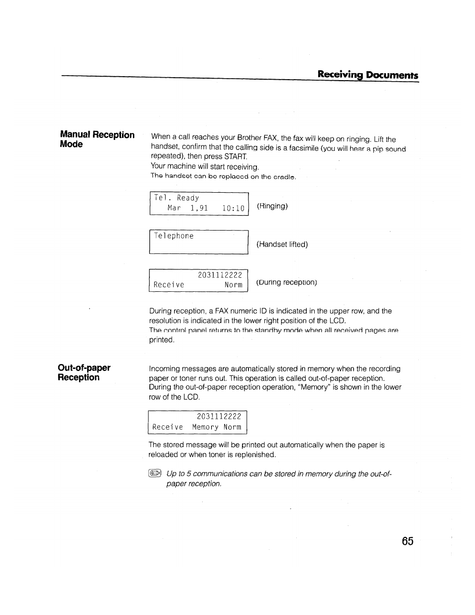Manual reception mode, Out-of-paper, Reception | Brother FAX-2000P User Manual | Page 77 / 162