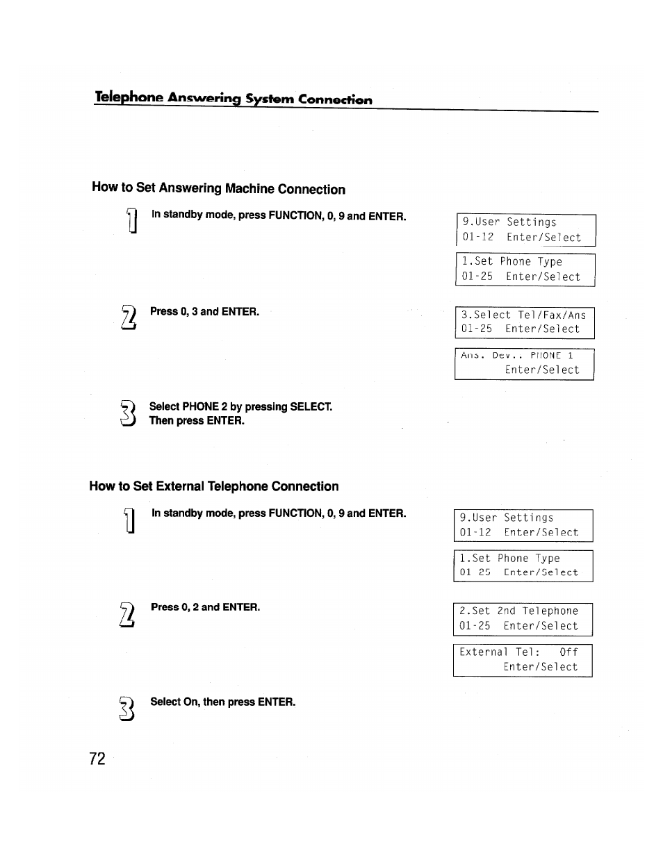 How to set answering machine connection, How to set external telephone connection | Brother FAX-2000P User Manual | Page 84 / 162
