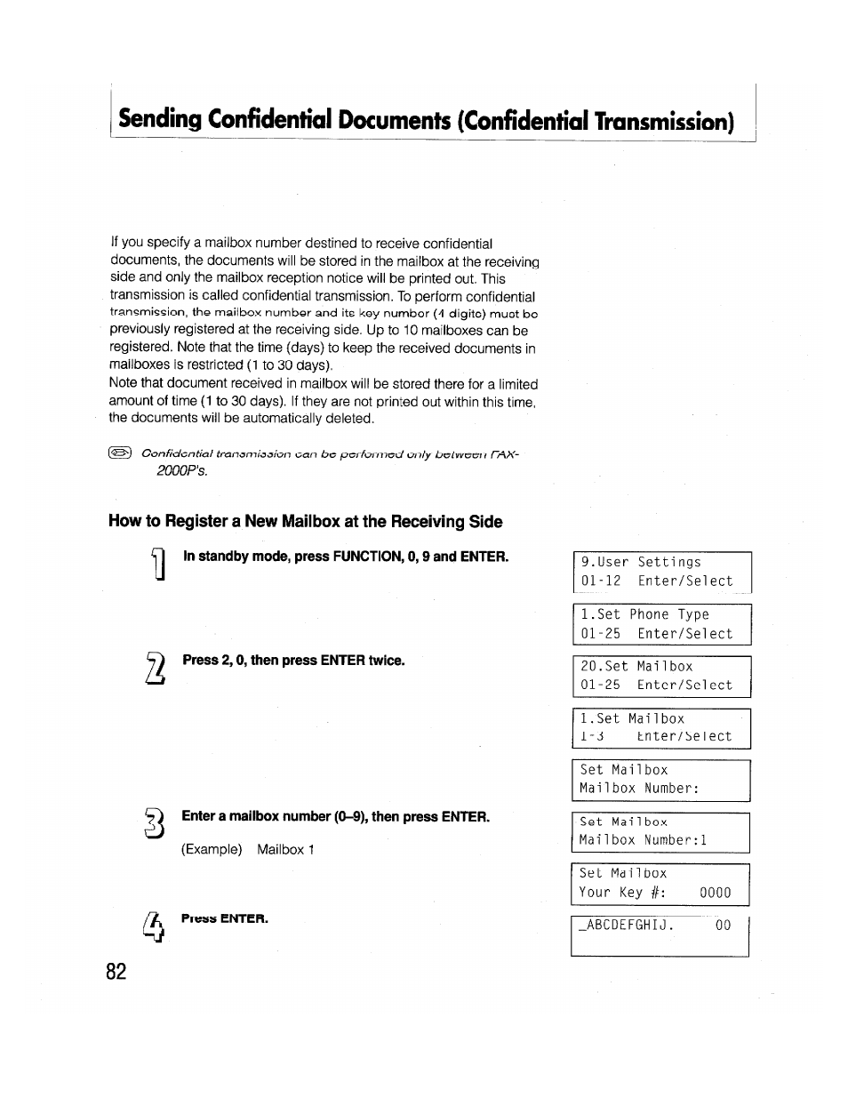 Press 2,0, then press enter twice, Enter a mailbox number (0-9), then press enter | Brother FAX-2000P User Manual | Page 94 / 162