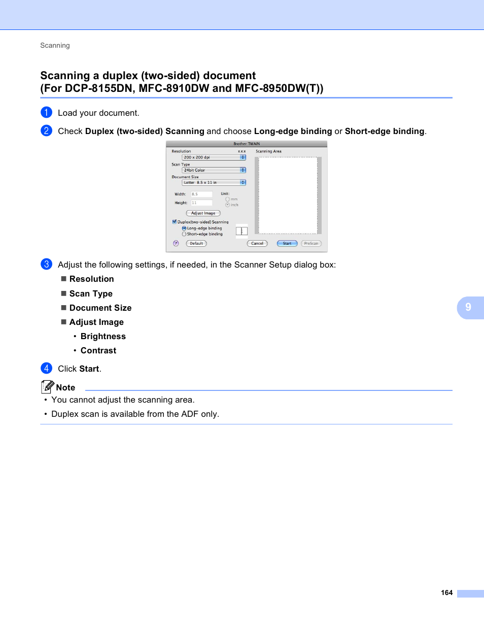 Scanning a duplex (two-sided) document, For dcp-8155dn, mfc-8910dw and mfc-8950dw(t)) | Brother DCP-8155DN User Manual | Page 172 / 271