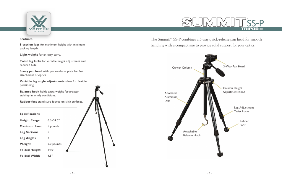 The summit | Vortex Optics SUMMIT SS-P TRIPOD User Manual | Page 2 / 5