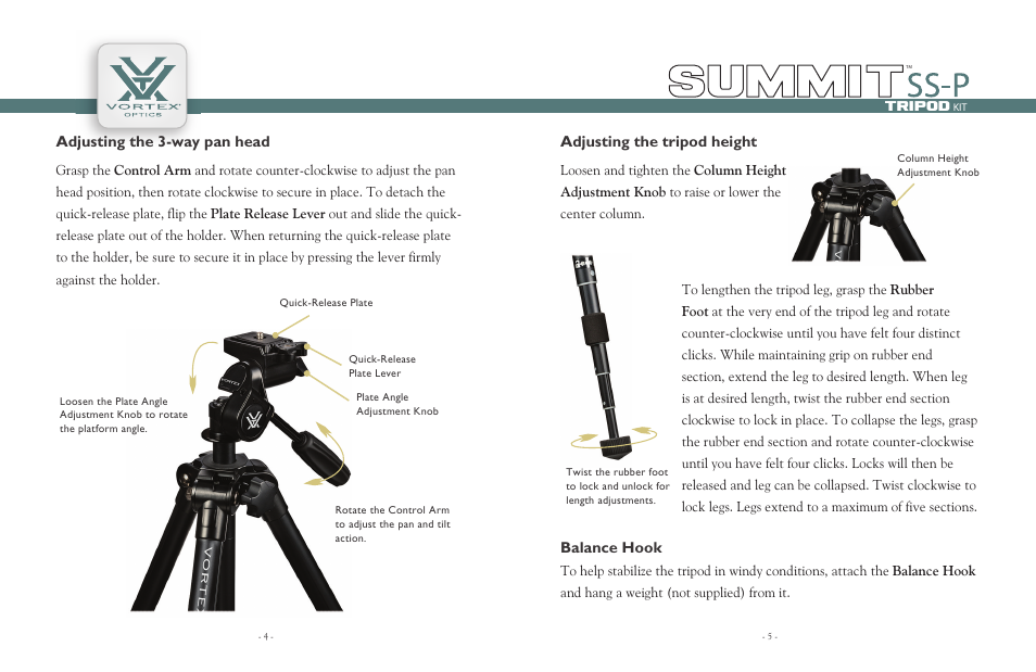 Balance hook adjusting the 3-way pan head, Adjusting the tripod height | Vortex Optics SUMMIT SS-P TRIPOD User Manual | Page 3 / 5