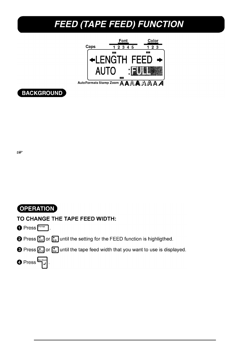 Tape feed function, Feed (tape feed) function | Brother P-TOUCH 530 User Manual | Page 121 / 210