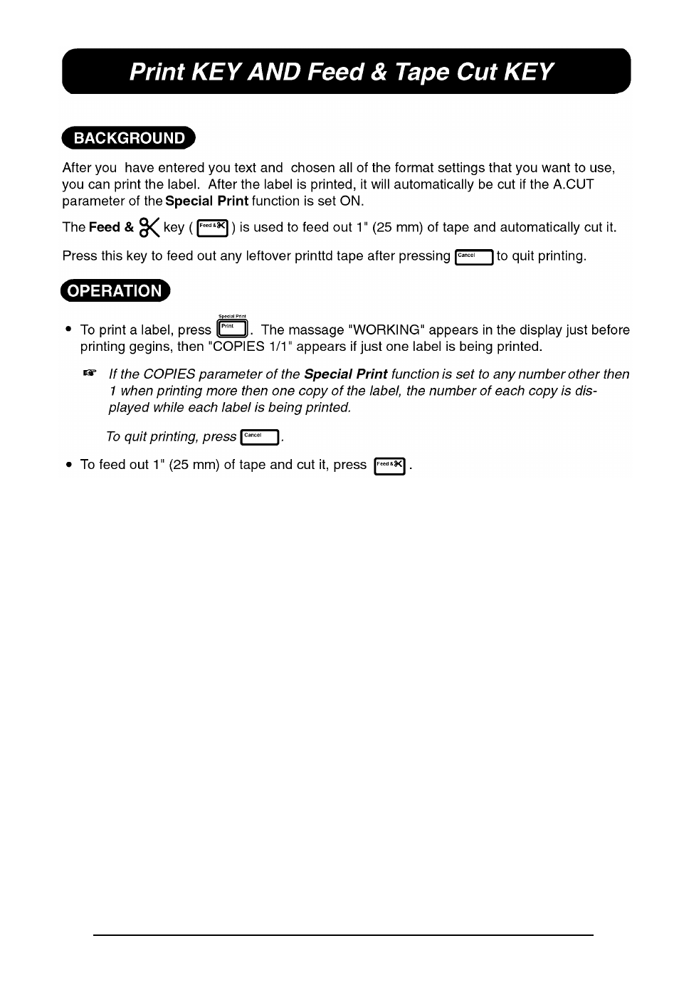 Print key and feed & tape cut key, Print key and tape cut key | Brother P-TOUCH 530 User Manual | Page 126 / 210