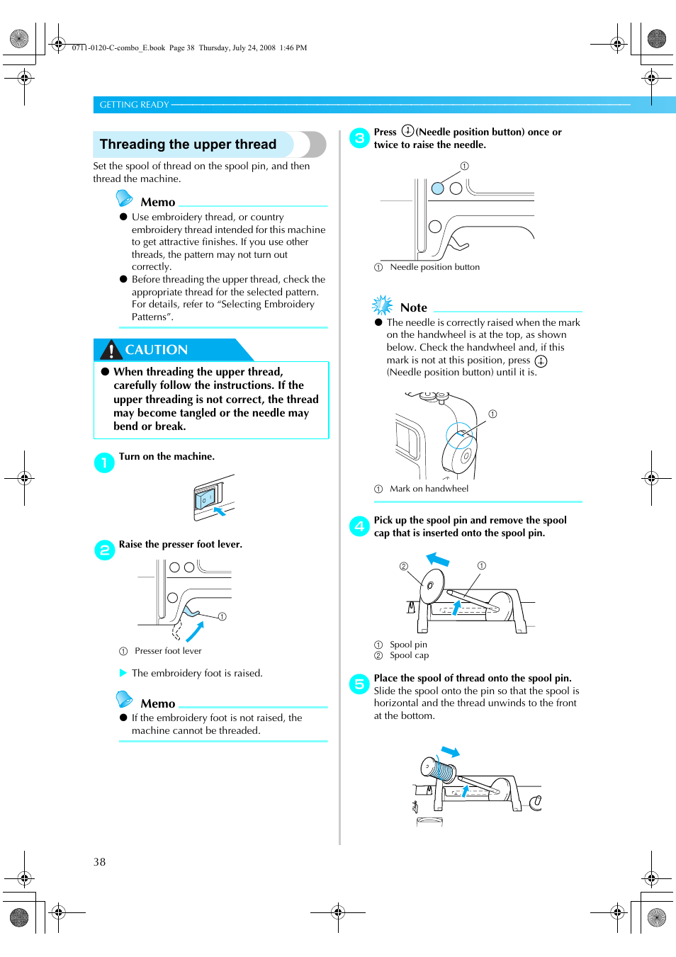 Threading the upper thread, Caution | Brother XE5427-001 User Manual | Page 40 / 92