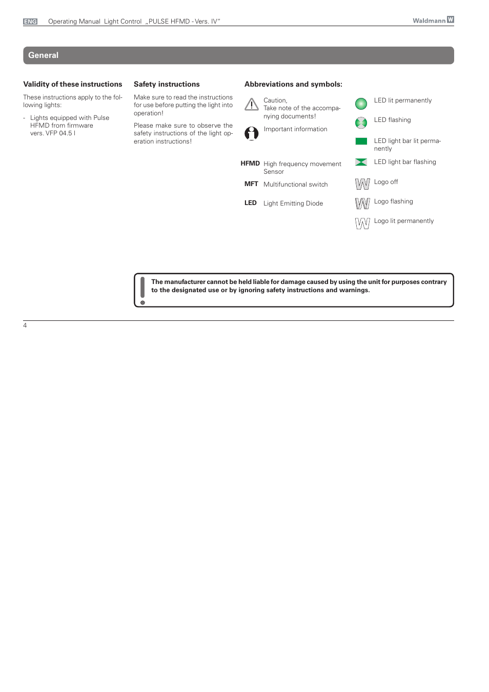 General, Safety instructions | Waldmann PULSE HFMD version VFC IV - with MFT, Typ I User Manual | Page 4 / 24
