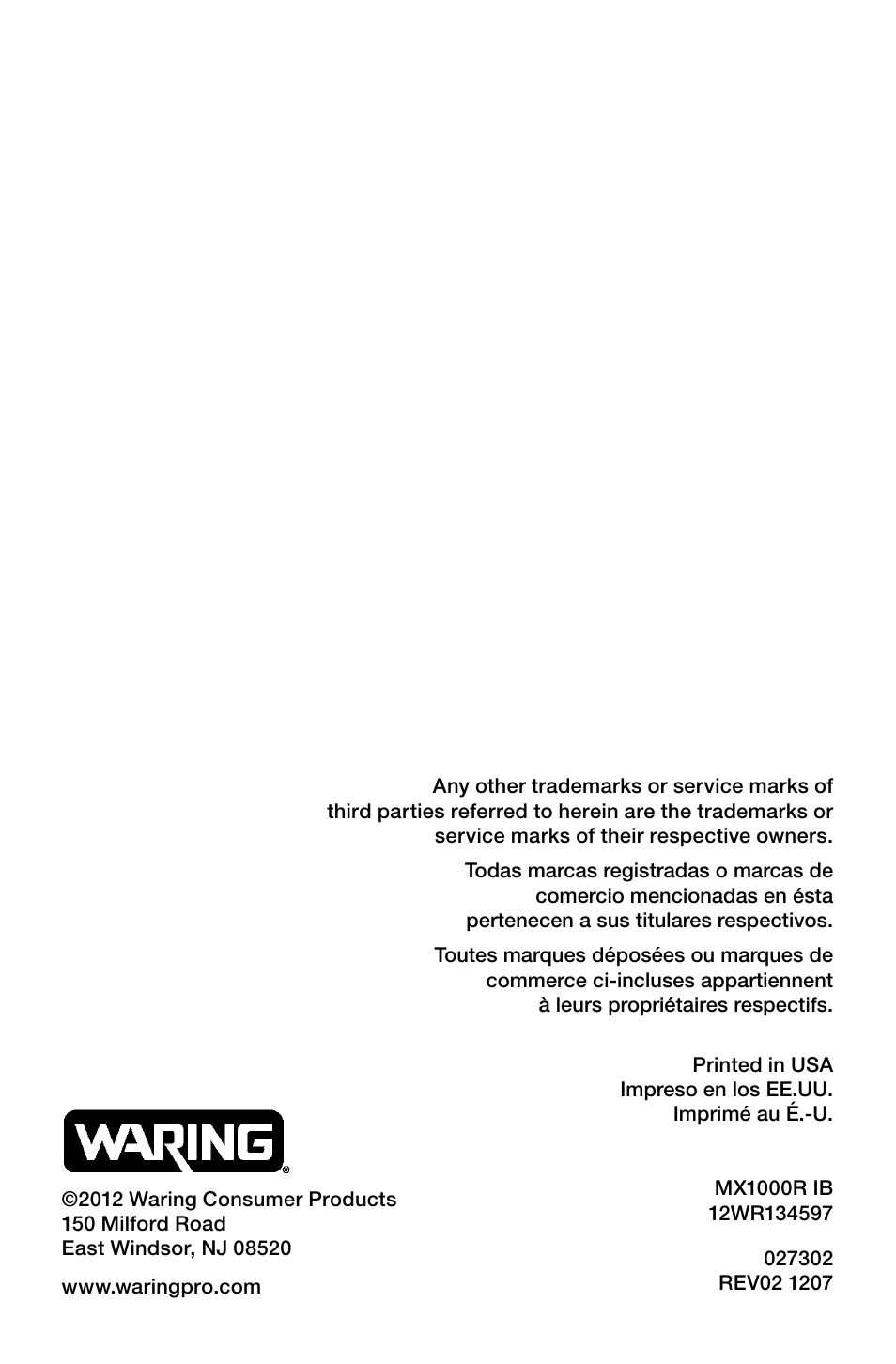 Waring Pro MX1000RXT User Manual | Page 11 / 11