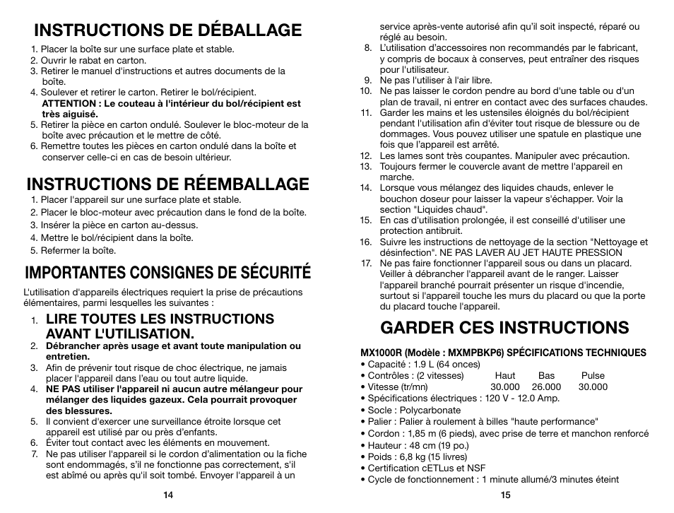 Instructions de déballage, Instructions de réemballage, Importantes consignes de sécurité | Garder ces instructions, Lire toutes les instructions avant l'utilisation | Waring Pro MX1000RXT User Manual | Page 8 / 11
