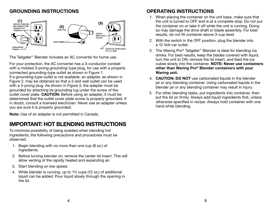 Important: hot blending instructions, Grounding instructions, Operating instructions | Waring Pro TG15 User Manual | Page 3 / 11