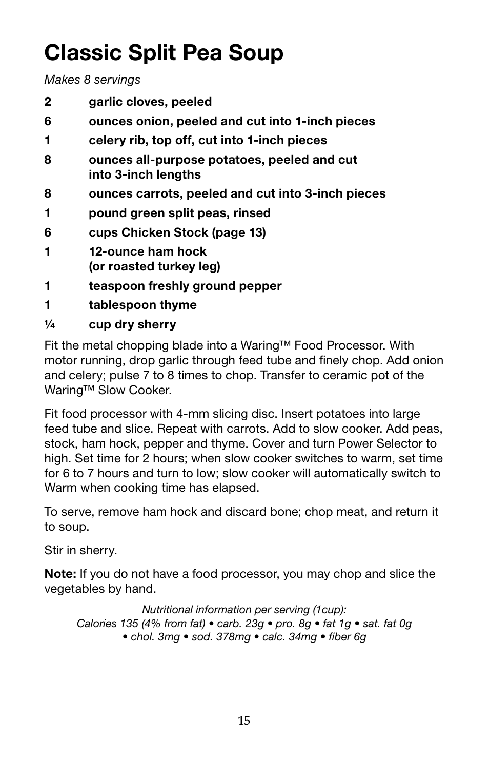 Classic split pea soup | Waring Pro WSC650 User Manual | Page 15 / 32