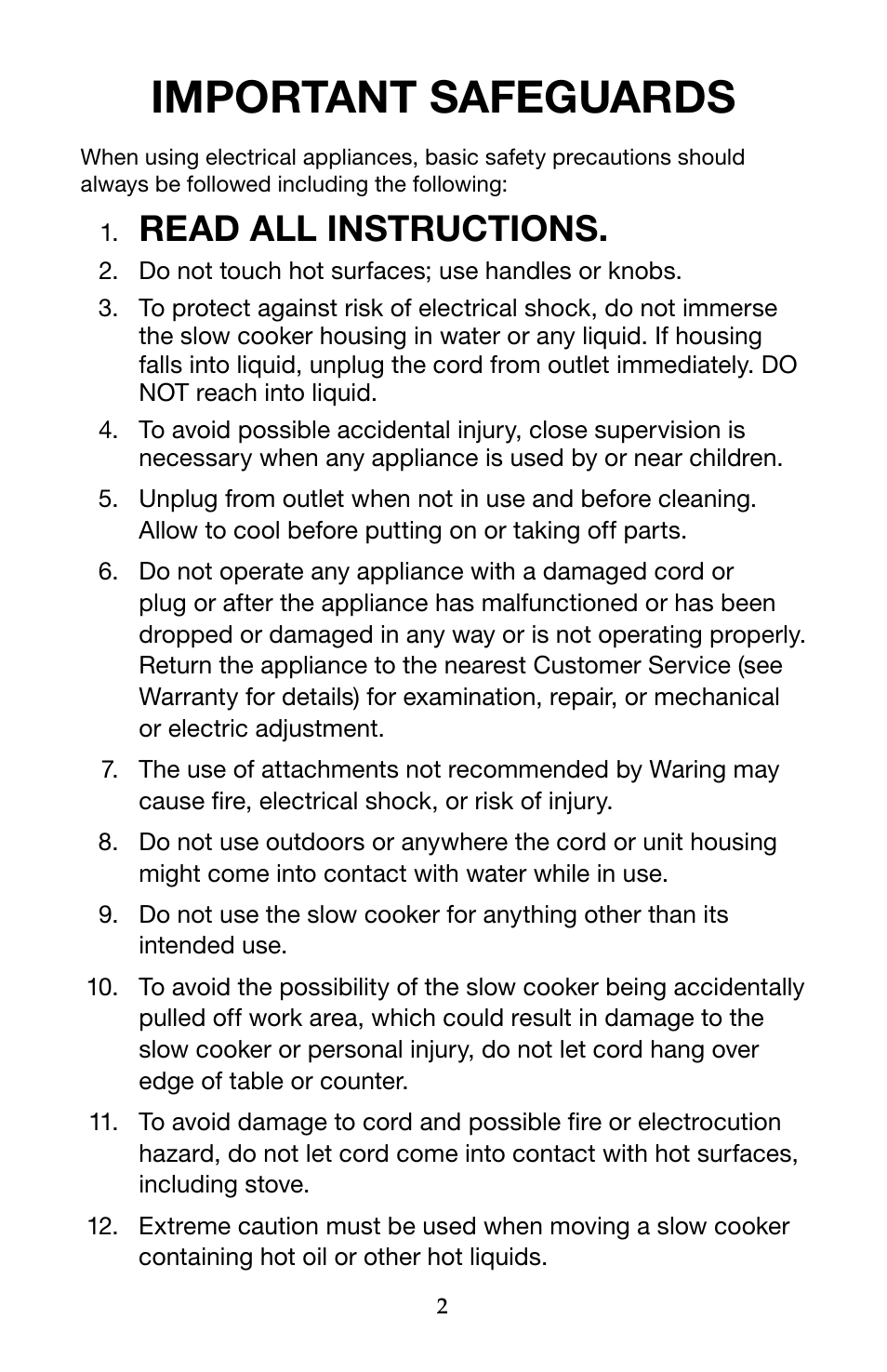 Important safeguards, Read all instructions | Waring Pro WSC650 User Manual | Page 2 / 32