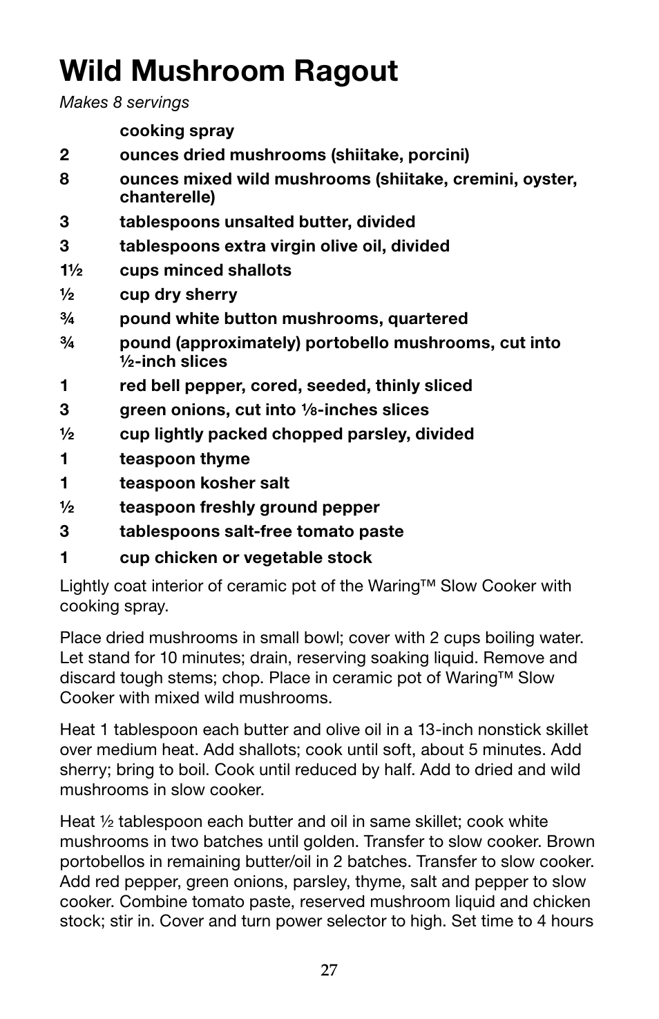 Wild mushroom ragout | Waring Pro WSC650 User Manual | Page 27 / 32