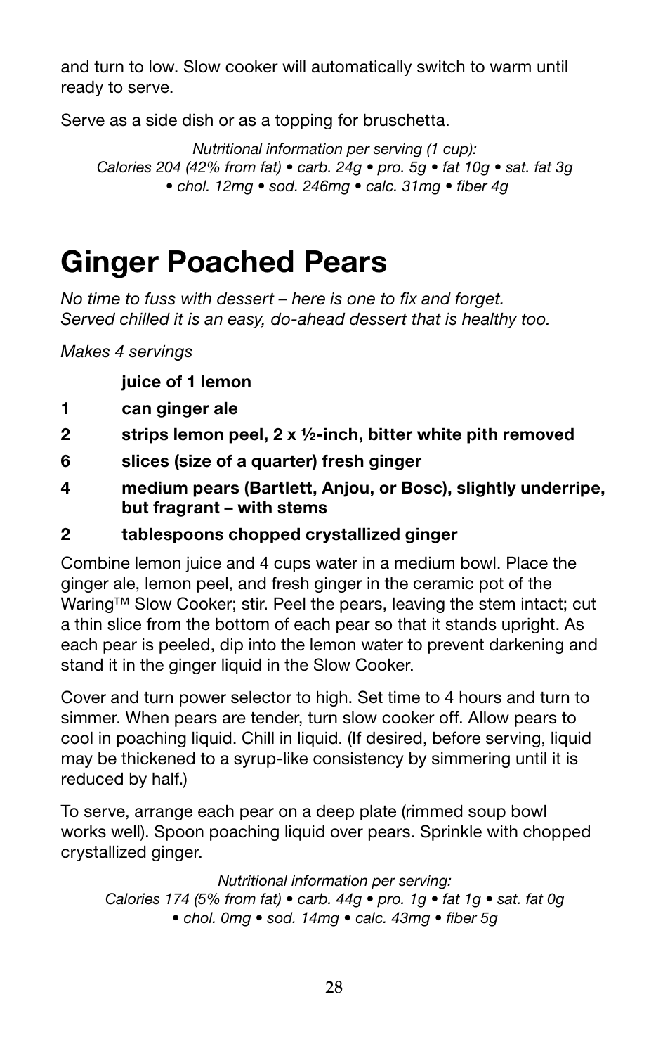 Ginger poached pears | Waring Pro WSC650 User Manual | Page 28 / 32