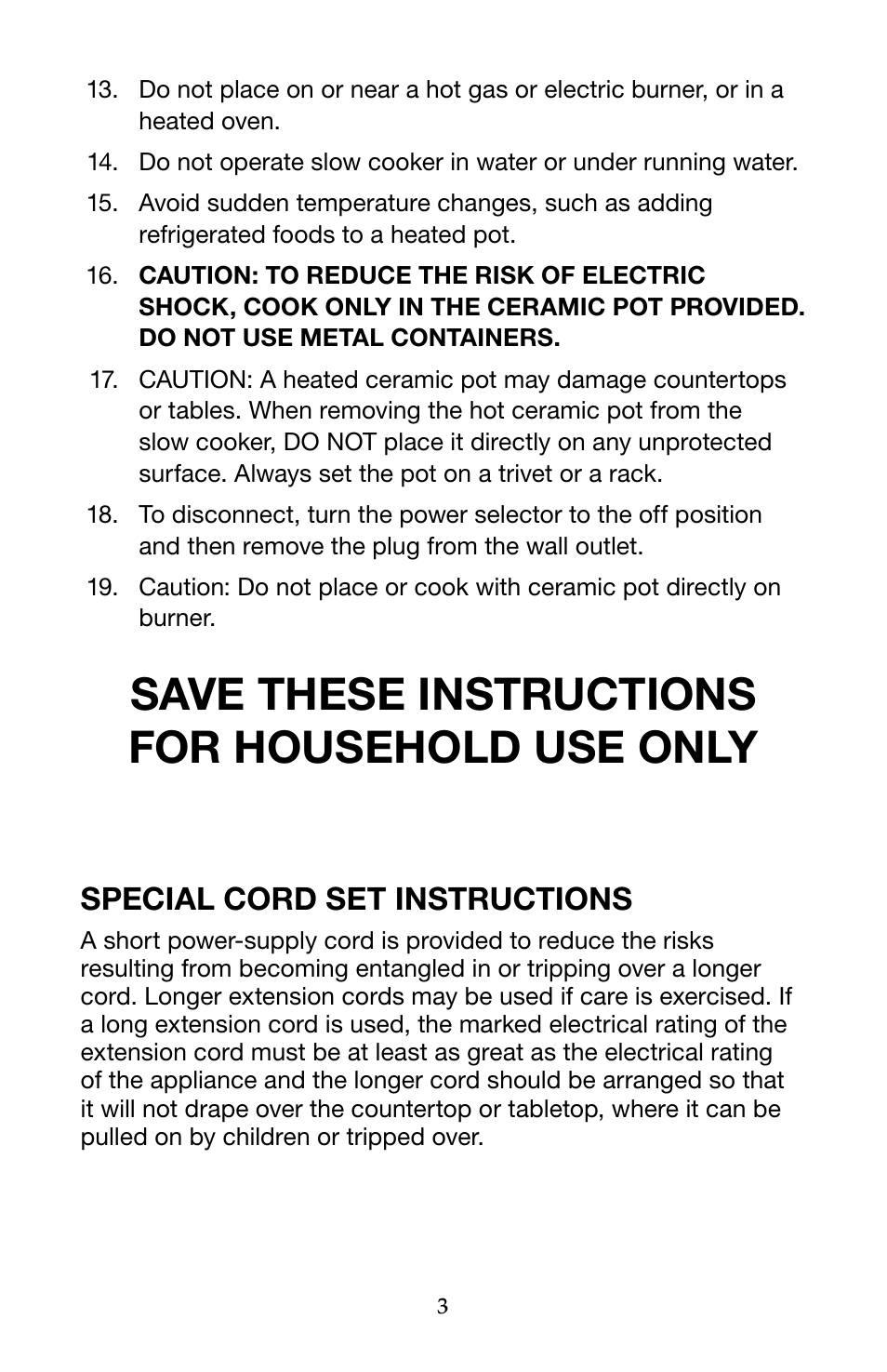 Save these instructions for household use only, Special cord set instructions | Waring Pro WSC650 User Manual | Page 3 / 32