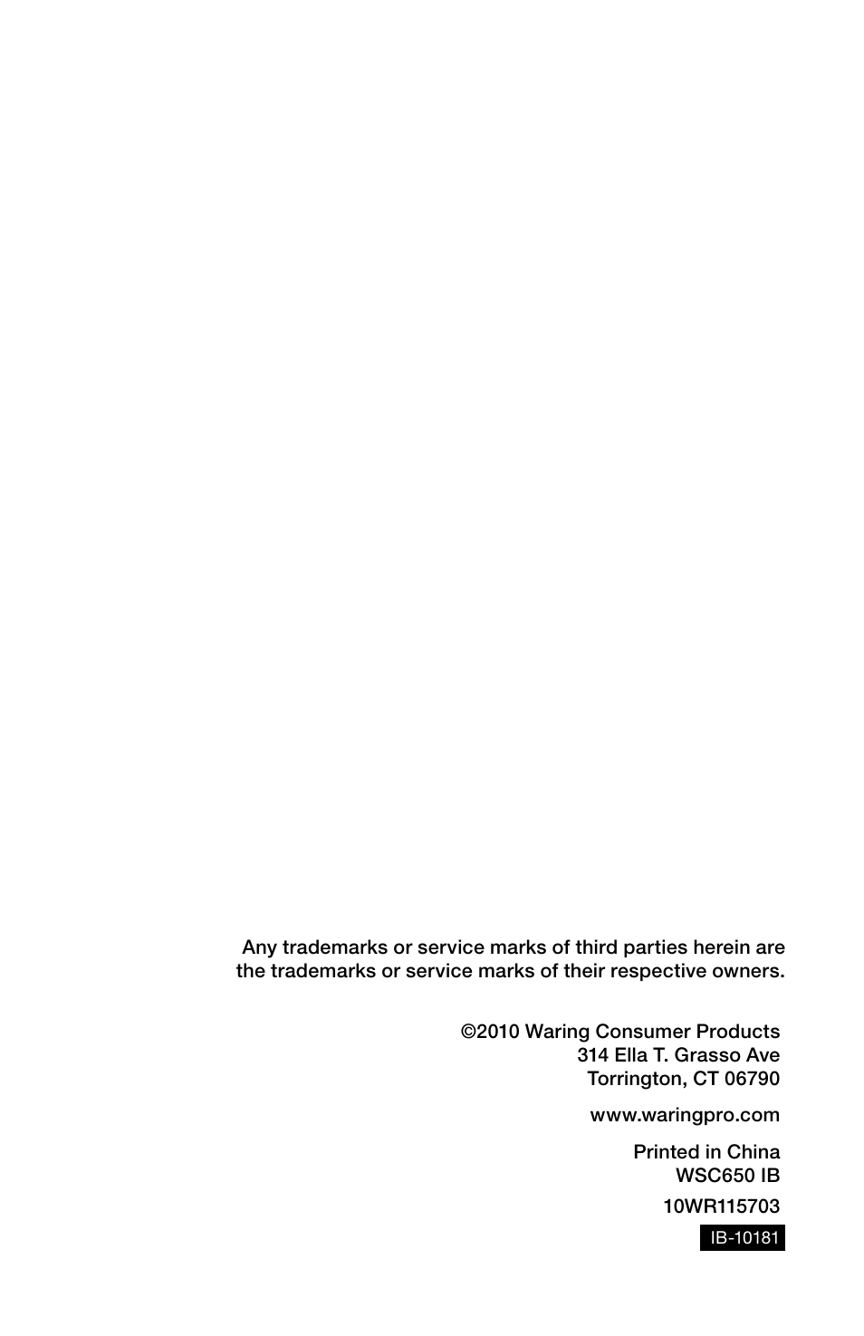 Waring Pro WSC650 User Manual | Page 32 / 32