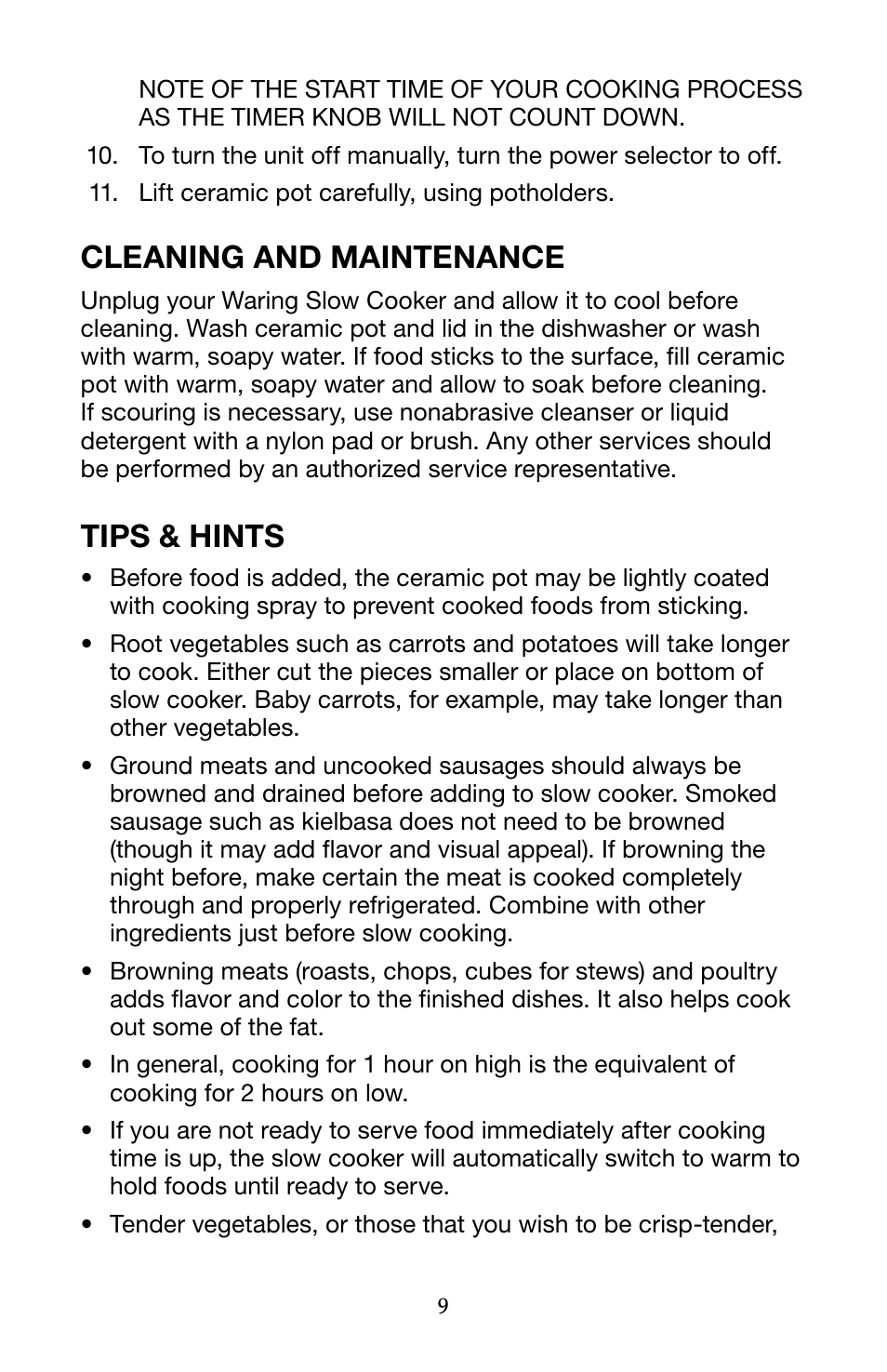 Cleaning and maintenance, Tips & hints | Waring Pro WSC650 User Manual | Page 9 / 32
