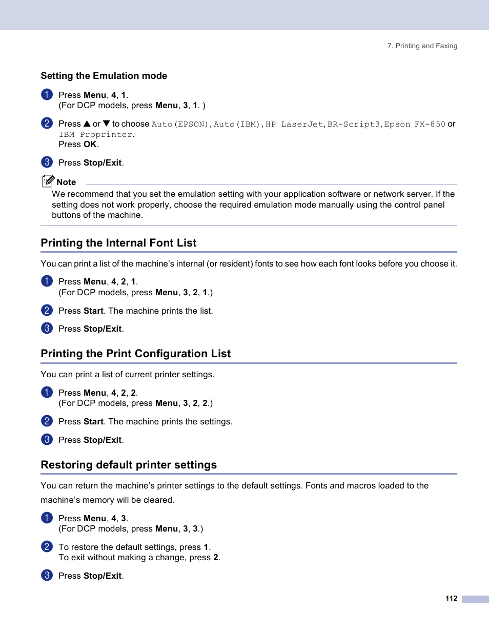 Setting the emulation mode, Printing the internal font list, Printing the print configuration list | Restoring default printer settings | Brother DCP 8060 User Manual | Page 118 / 182