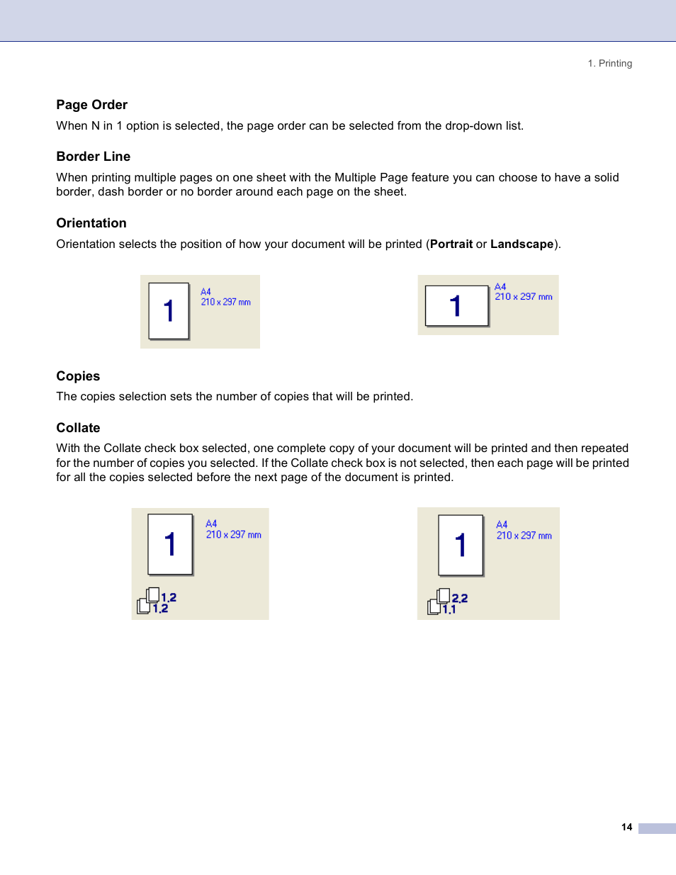 Border line, Orientation, Copies | Collate, Page order | Brother DCP 8060 User Manual | Page 20 / 182
