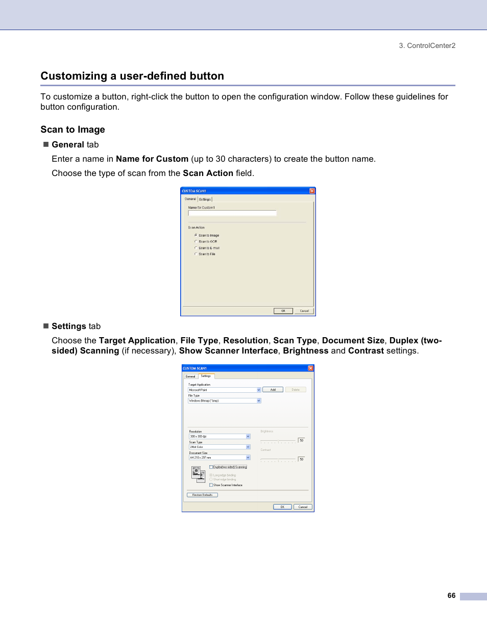 Customizing a user-defined button, Scan to image | Brother DCP 8060 User Manual | Page 72 / 182