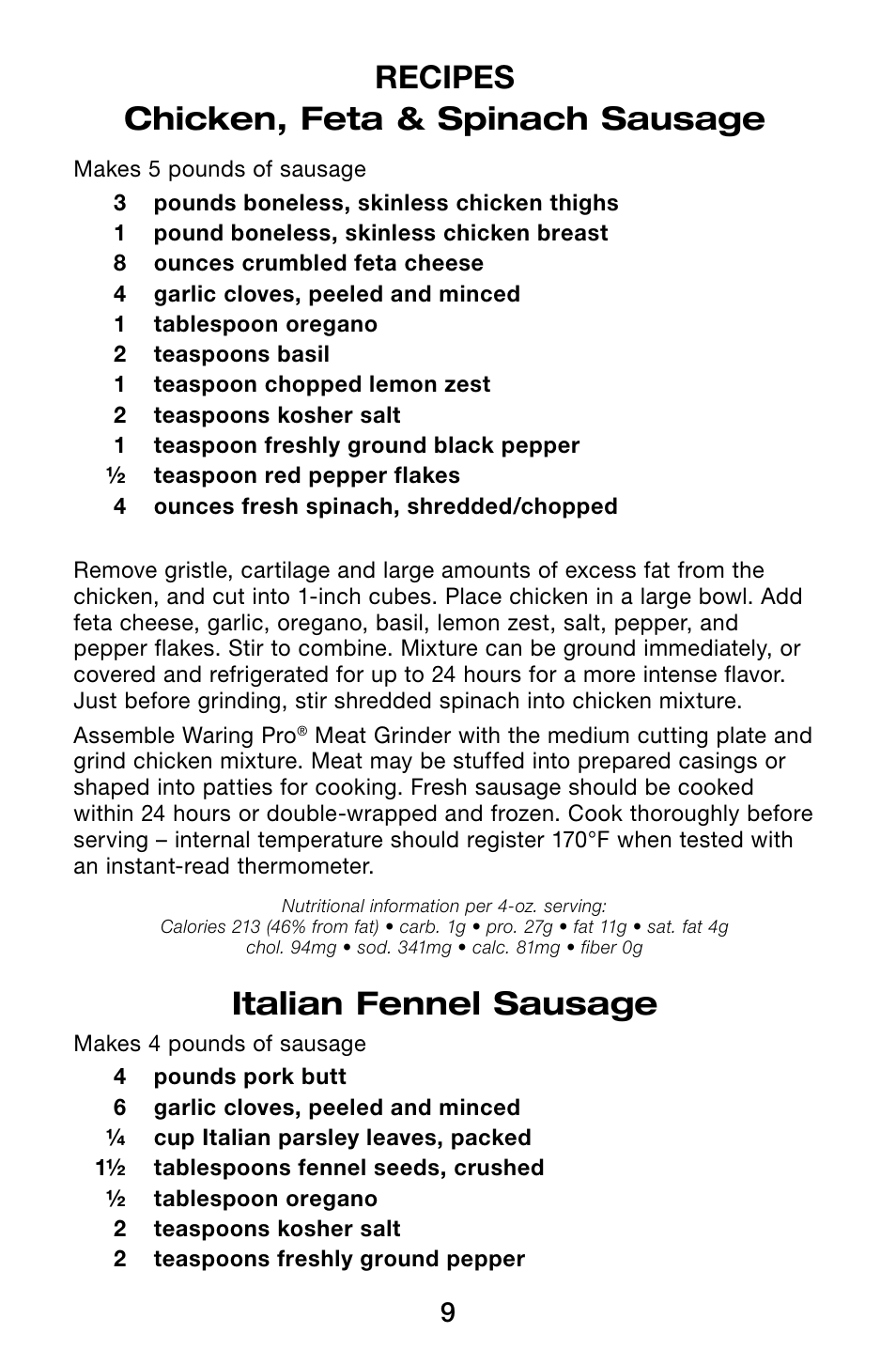 Recipes chicken, feta & spinach sausage, Italian fennel sausage | Waring Pro MG105 User Manual | Page 10 / 14