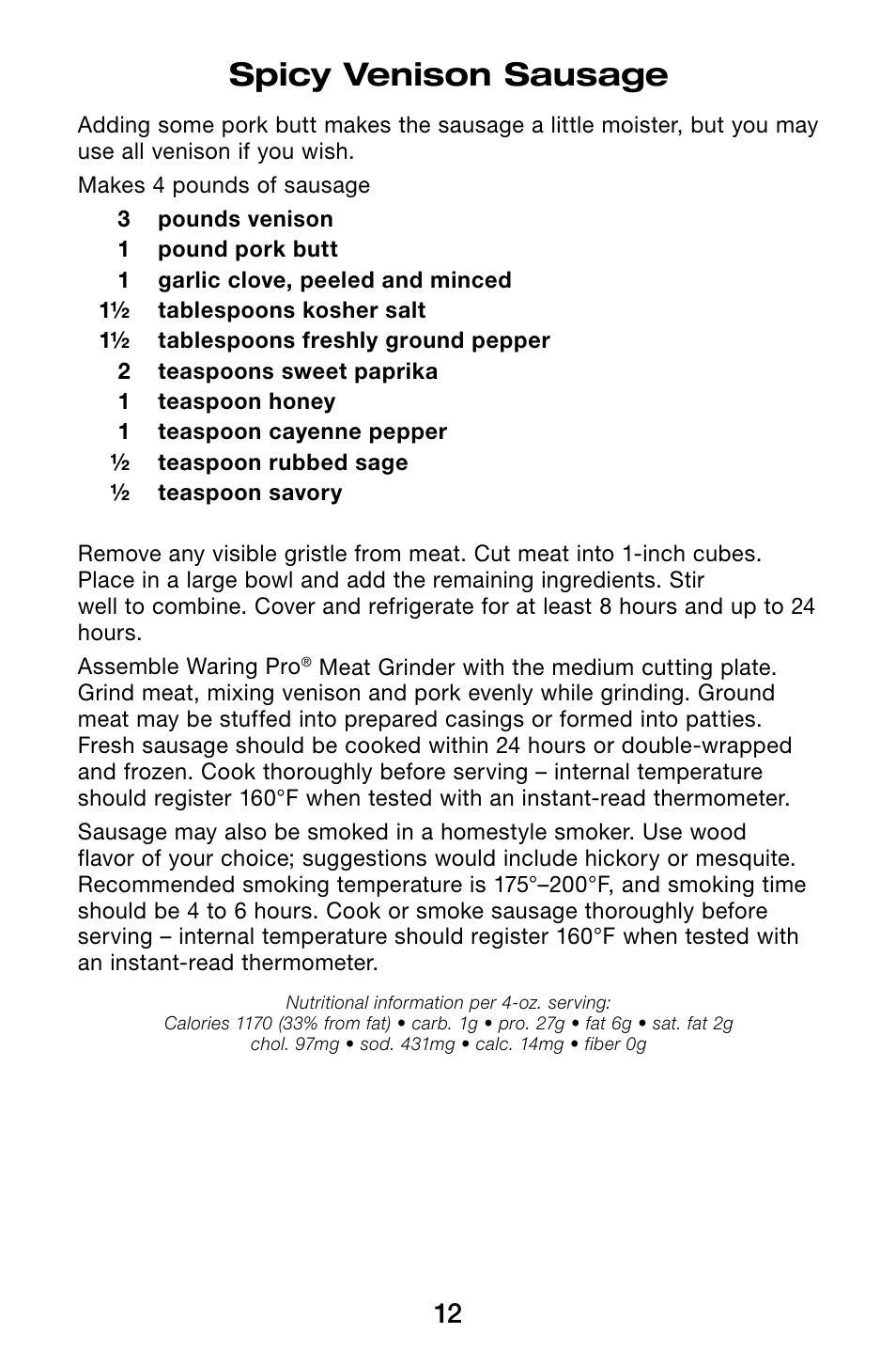 Spicy venison sausage | Waring Pro MG105 User Manual | Page 13 / 14