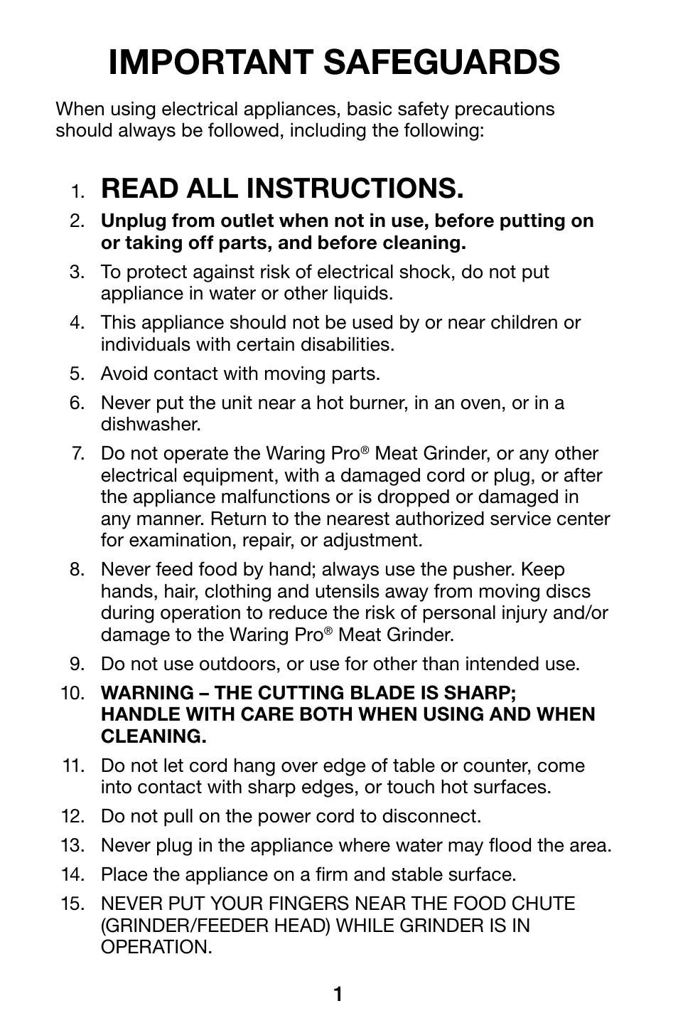 Important safeguards, Read all instructions | Waring Pro MG105 User Manual | Page 2 / 14