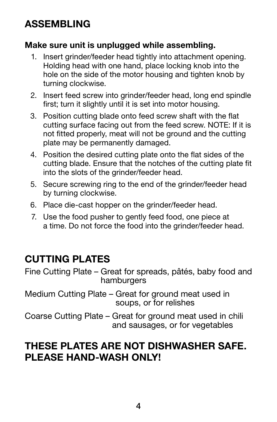 Assembling, Cutting plates | Waring Pro MG105 User Manual | Page 5 / 14