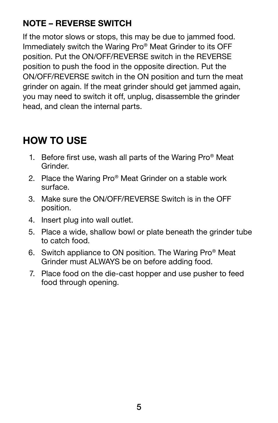 How to use | Waring Pro MG105 User Manual | Page 6 / 14